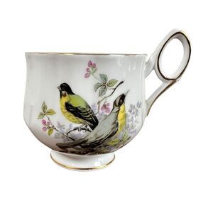 Royal Dover Tea Cup Bone China Footed Birds Flowers Scalloped Rim Unique Handle